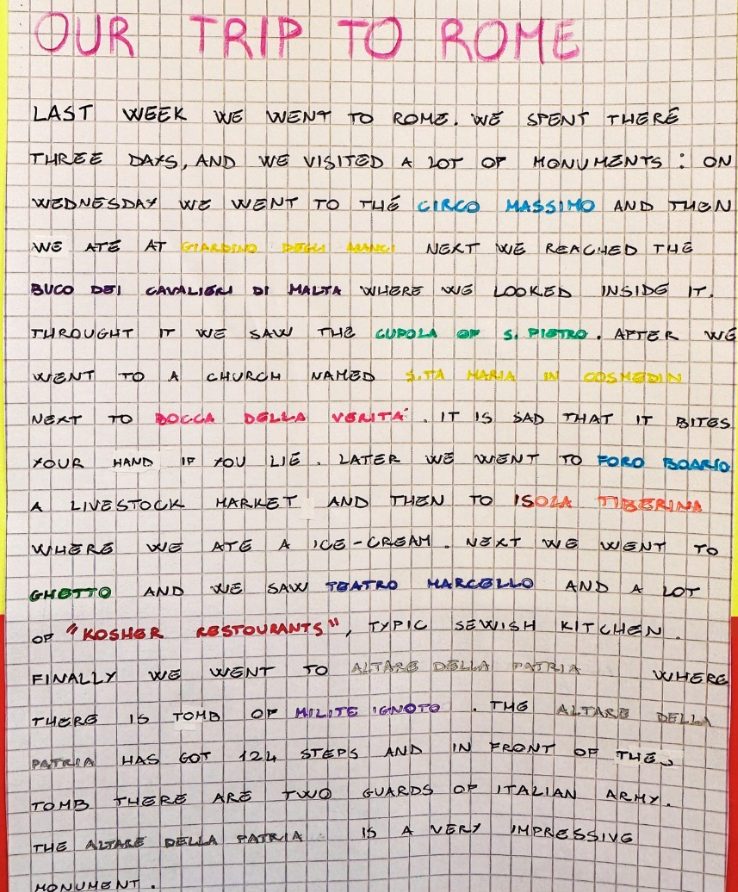 Quaderno di un alunno con il racconto in inglese di una gita a Roma